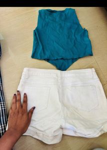 Teal Crop Top &amp; White Denim Shorts Set