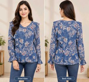 Blue Floral Print V-Neck Top