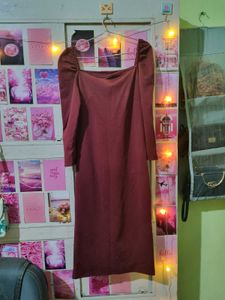 New Maroon Puff Sleeve Square Neck Dress