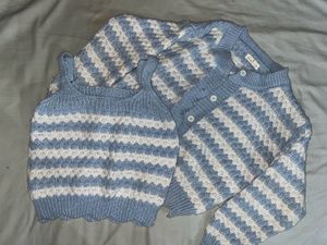 Blue & White Knit Cardigan Set