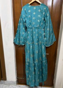 Teal Ethnic Gown/Dress with Gold Print