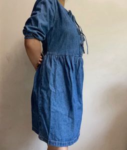 Denim Tie-Neck Puff Sleeve Dress
