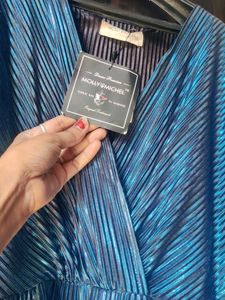 Stunning Blue Metallic Pleated Dress in offer pric