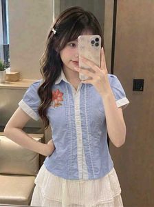 New with tag Blue Embroidered Puff Sleeve Top