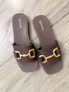 Stylish Women's Brown Slides with Gold Buckle