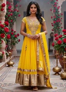 Elegant Yellow dress Intricate Silver Embelli