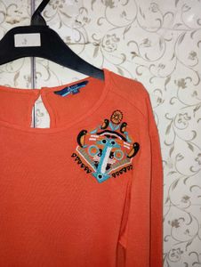 Ajio Orange Long Sleeve crop Top with Embroidery
