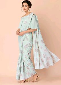 Sage Floral Foil Pre- Stitched Saree