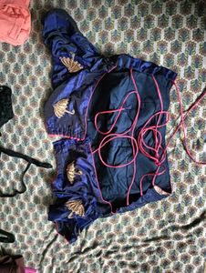 Designer Blue Silk Blouse with Umbrella Embroidery