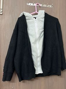 New Cozy Black Knit Cardigan with hoodie for L &xl