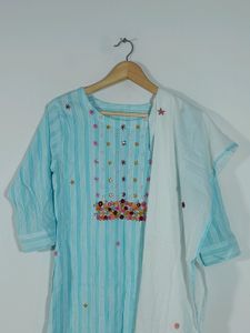 Light Blue Embroidered Kurta &amp; Duppata (Women's)