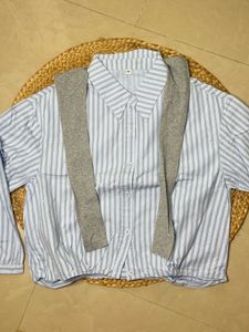 Blue Striped Shirt with Attached Knit Sleeves