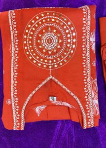 Orange Kurta Set with White Floral Print