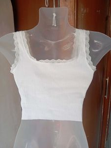 White Lace Trim Cropped Tank Top