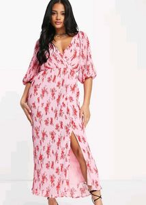 Pink Floral Pleated Midi Dress