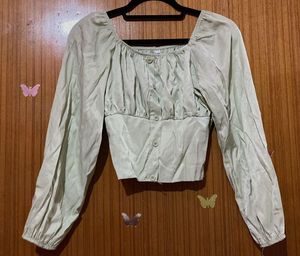 Light Green Ruched Button-Up Top ( Bust: 23.5inch)