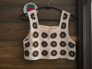 Beige and Brown Crochet Crop Top - Boho Chic
