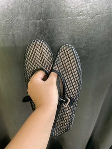 Black Mesh Ballet Flats with Buckle