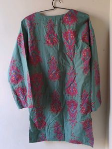 Teal Floral Print Tassel Kurta
