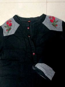 Embroidered Flower Black Shirt