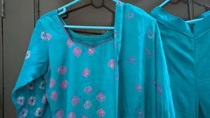 Turquoise Blue Bandhani Print Kurta Pant Dupatta M