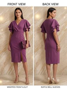 Elegant Premium Purple Flutter Sleeve Wrap Dress