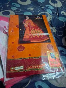 Orange &amp; Red Bandhani Saree