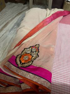 Vibrant Pink &amp; White Designer Saree with Embroider
