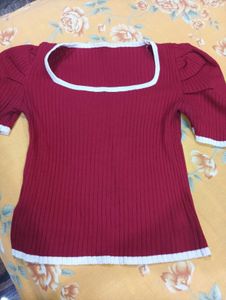 Ribbed Puff Sleeve Square Neck Top