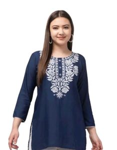 Embroidered Navy Blue Short Kurti For Women
