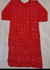 Red Chikenkari Kurta