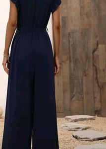 Solid Dark Blue Wide Leg Jumpsuit
