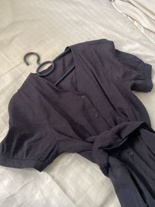 black  Button-Up Blouse with Belt