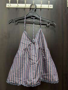 Striped Halter Neck Top with Lace Trim