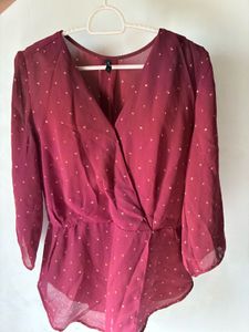 Chic Burgundy Dot Wrap Top