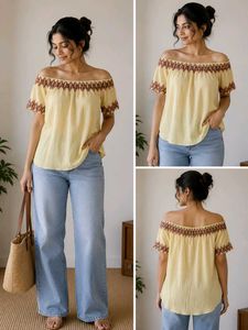Yellow Off-Shoulder Embroidered Top