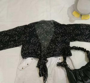 Sheer Black &amp; White Star Print Tie Front Top