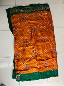 Embroidered Bandhani Saree - Green &amp; Orange