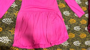 Vibrant Pink Ribbed Long Sleeve Baloon dress