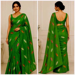 Vibrant Green hsnd crafted Saree with Leaf  embroi