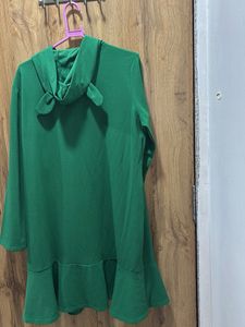 Green Hoodie Dress with Ruffle Hem