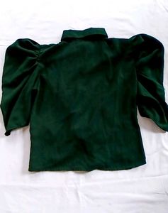 Emerald Green Puff-Sleeve Tie-Front Blouse