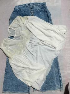 Women's White Embroidered Boho Top with Light Blue