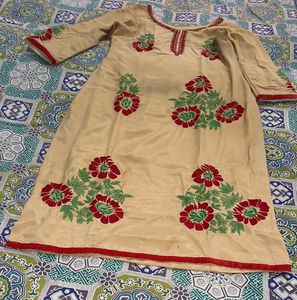 Beige Kurta with Red &amp; Green Floral Embroidery