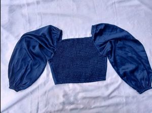 satin Navy Blue Square Neck Puff Sleeve Top