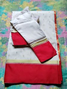 White and Red Benarasi Art Silk Saree with blouse.