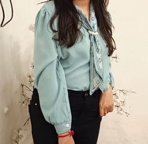 Elegant Teal Blouse with Scarf Detail