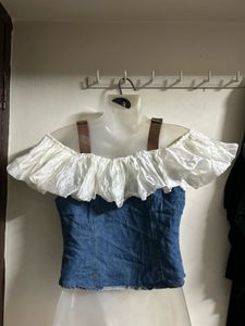 Off-Shoulder Denim Top with Floral Embellishments