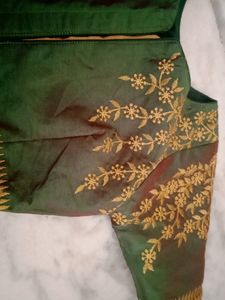 Emerald Green Silk Blouse with Gold Embroidery