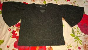 Sparkly Black V-Neck Flutter Sleeve Top